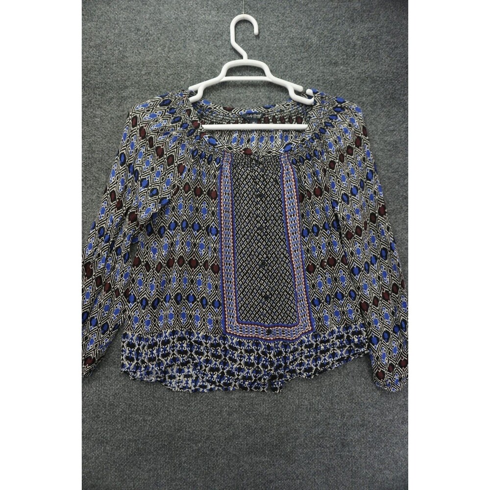 Lucky Brand Gypsy Ikat Peasant Top Blouse Blue Black Geometric Boho Smocked M